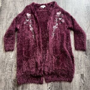 Knox Rose Maroon Fuzzy Cardigan with Floral Embroidery
